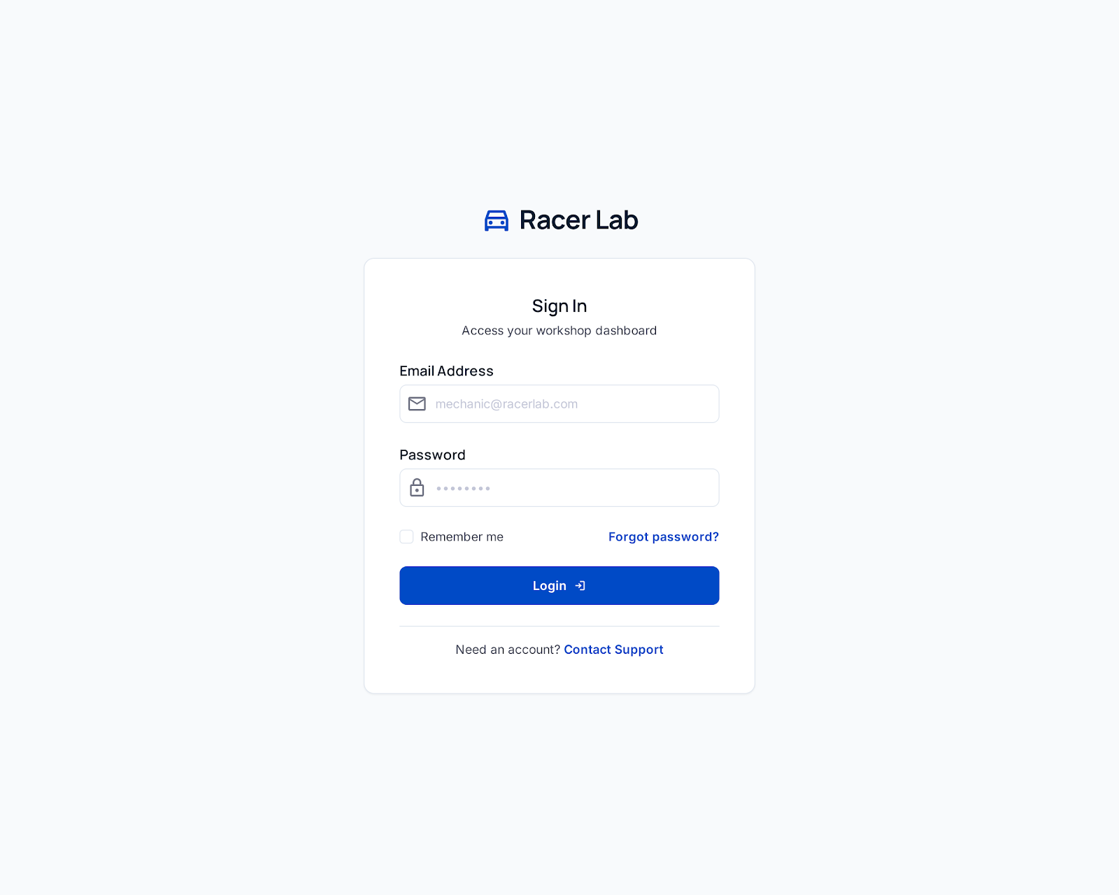 RacerLab sign-in interface